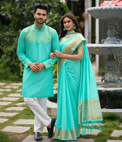 Aishwaria Teal Couple Dress Silk Saree & Kurta – Archittam Fashion
