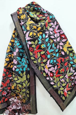 Hand Embroidered Black Kantha Silk Dupatta - Exquisite Design