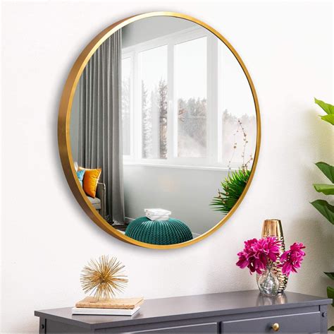NeuType 28" Gold Round Wall Mirror, Modern Aluminum Alloy Frame Accent ...
