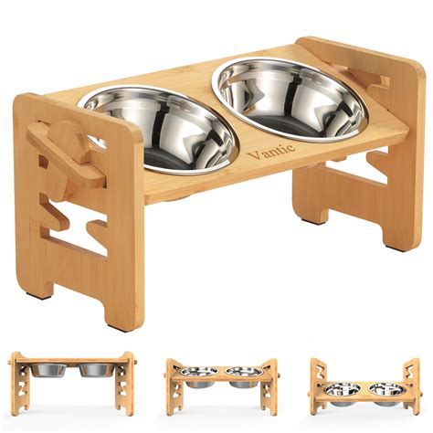 Vantic Adjustable Raised Pet Bowls for Small Dogs & Cats, Bamboo Stand ...