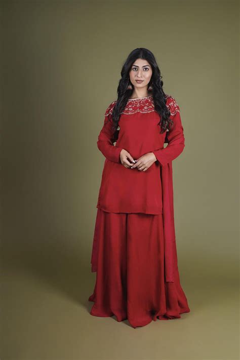 Buy Red Chiffon Palazzo Suit: Hand Embroidered Punjabi Kurta Sharara ...
