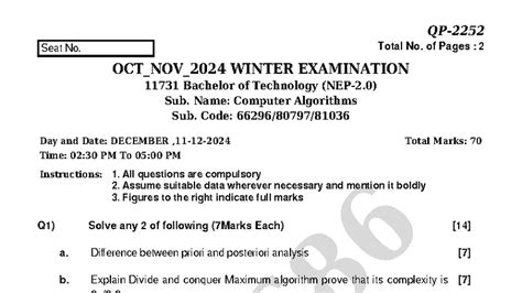 B.Tech Winter Exam 11731: Computer Algorithms (DEC 2024) - Studocu