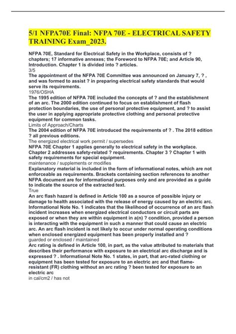 5/1 NFPA70E Final: NFPA 70E - ELECTRICAL SAFETY TRAINING Exam_2023. - 5 ...