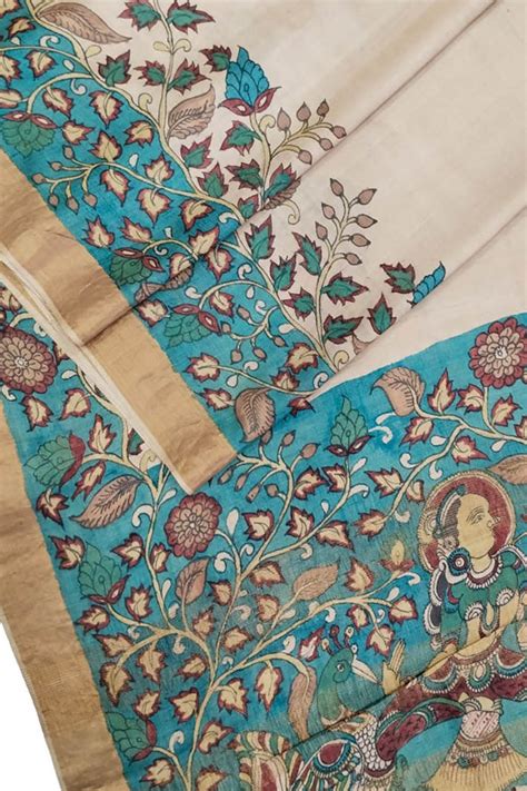 Hand-Painted Exquisite Pastel Kalamkari Tussar Silk Saree: A Beauty to