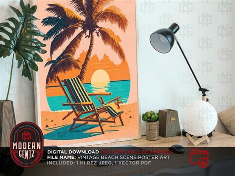 Buy Vintage Beach Scene Poster Art, Beach Lounge Chair, Ocean Sunset ...