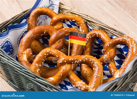 Breadbasket with Traditional Bavarian Pretzels with German Flag Stock ...