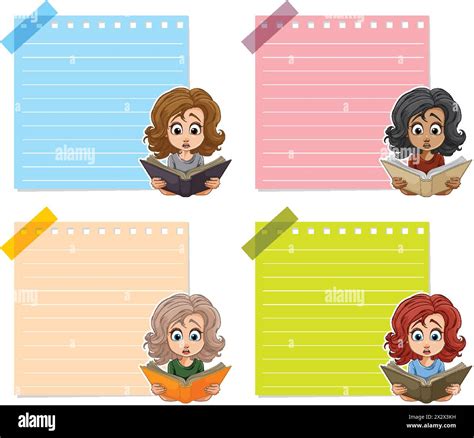 Four cartoon children reading on lined note papers Stock Vector Image ...