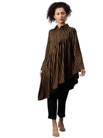 Buy Cottinfab Women Black & Brown Striped Co-ord Set with Shirt Collar ...