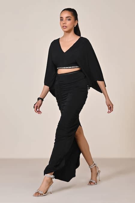 Buy Black Poly Jersey Plain Asymmetric Gathered Skirt For Women by S&N ...