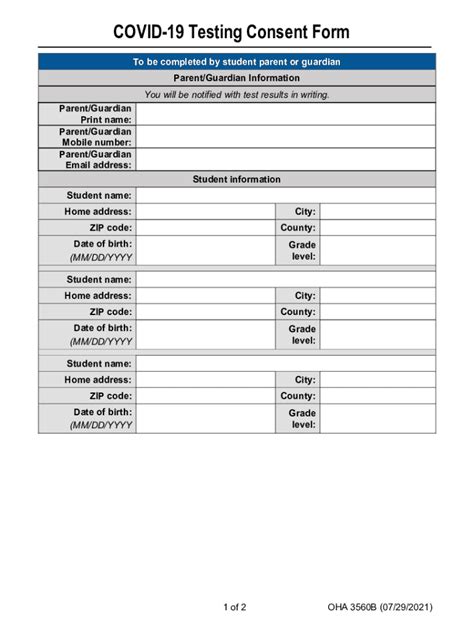 Fillable Online OHA 3560B COVID-19 testing consent form. OHA 3560B ...