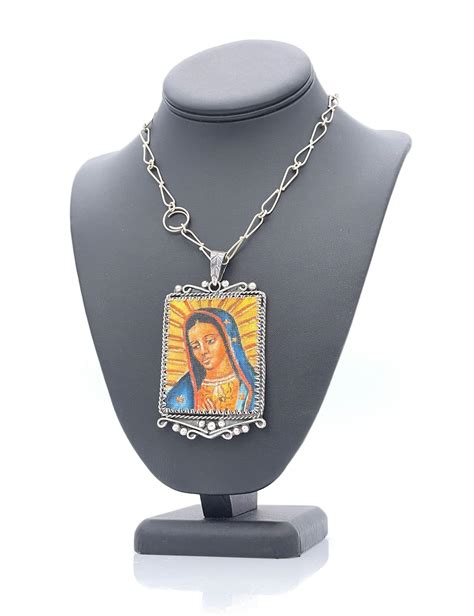 Lot - SIGNED MEXICO STERLING SILVER HAND PAINTED OUR LADY OF GUADALUPE PENDANT NECKLACE