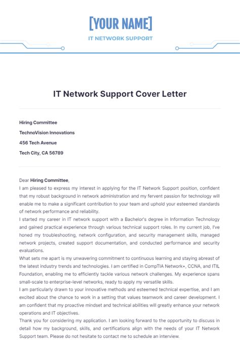 Free IT Network Support Cover Letter Template to Edit Online
