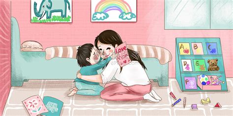 孩子亲吻母亲的幸福时刻插画图片下载-正版图片400147233-摄图网