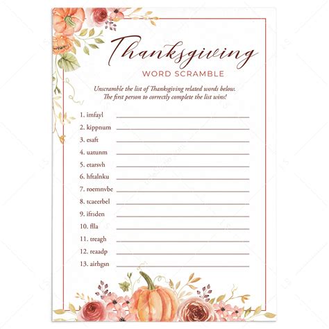 Thanksgiving Word Scramble with Answer Key Printable | Instant Download – LittleSizzle