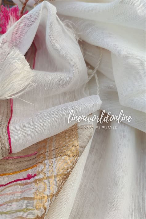 White French Knot Hand Embroidered Silk Linen Saree | Linen World