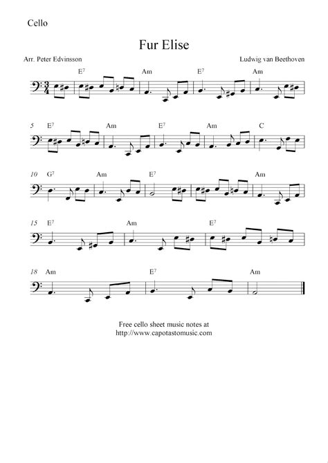 Easy Sheet Music For Beginners: Fur Elise, free cello sheet music notes