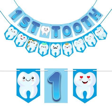 Wobbox 1st Cartoon Tooth Bunting Banner, Blue Colour Gredient with ...