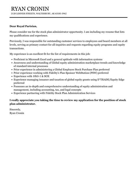 Stock Plan Administrator Cover Letter | Velvet Jobs