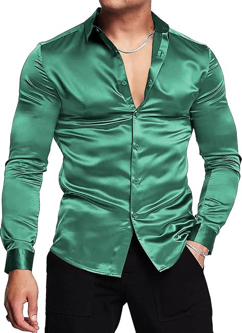 Amazon.com: URRU Men's Luxury Shiny Silk Like Satin Dress Shirt Long ...