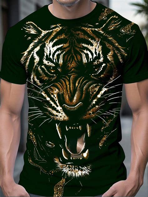 Manfinity LEGND Men's Casual Tiger Print Round Neck Short Sleeve T ...