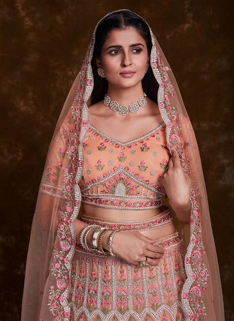 Net Peach Thread and zari A Line Lehenga Choli