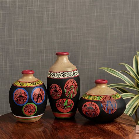 Buy 'Madhubani Jungle' Terracotta Vase Hand-Painted In Black Color, Set ...