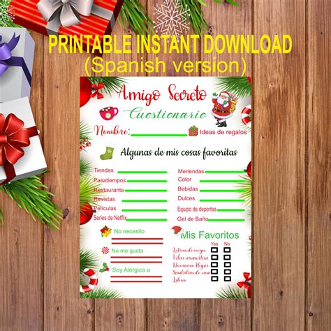 Secret Santa Questionnaire (amigo Secreto) Printable -PDF Instant ...