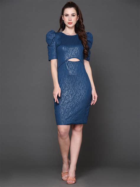 Blue Self Design Bodycon Dress by Wyshlist