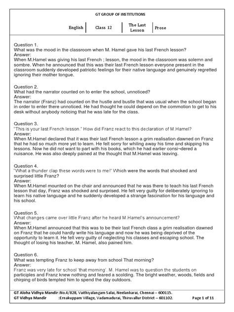 Class 12 English the Last Lesson SWS 的图像结果