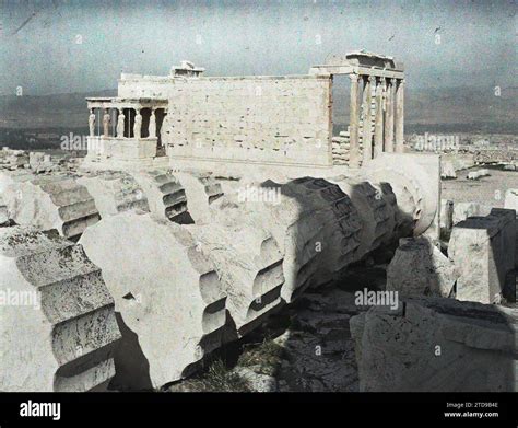 Athens, Greece On the Acropolis, remains of columns and the Erechtheion ...