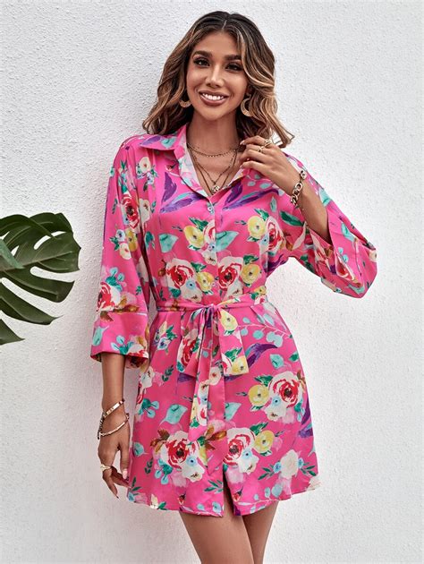 Random Floral Print Drop Shoulder Belted Shirt Dress | SHEIN USA