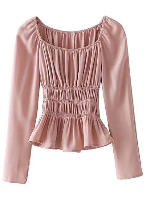Fashion Long Sleeve Elastic Waist Ruched Blouse - STYLESIMO.com