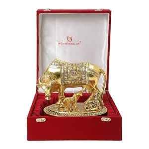 Buy Kamdhenu Cow and Calf with Krishna Ji & Velvet Box Gold Metal ...