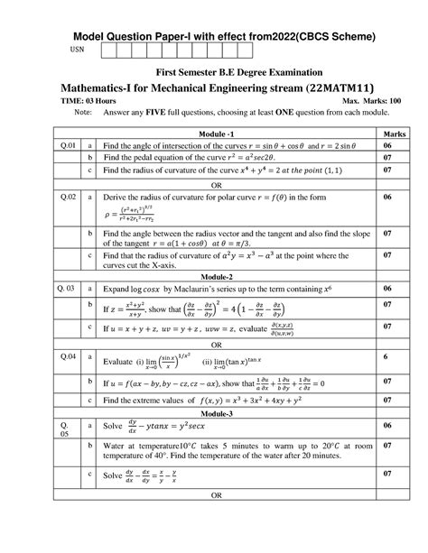 22MATM11(2022) - 1ST SEMESTER QUESTION PAPER SET 2 - Model Question ...