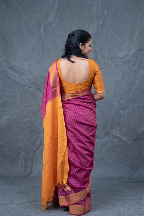 Rongsiri Wine Silk Cotton Saree with Mustard Pallu | Apaapi – Apaapi ...