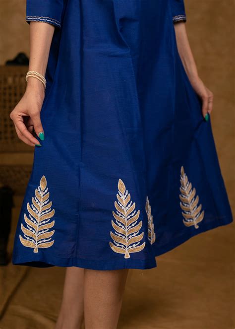 Elegant Royal Blue Cotton Silk Dress with Embroidery on Hemline and Sl ...