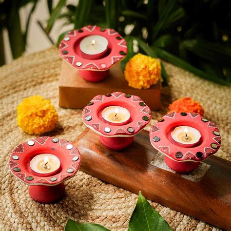 Buy Handmade Red Terracotta Tealight Holder | Set Of 4 Online On Zwende