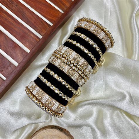 Wedding Chuda Gold Plated Kundan Stone And Pearl Velvet Bangles Set ...