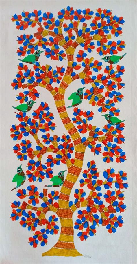 "Birds 9": Violet Gond Traditional_Art by Choti Gond Artist | ArtZolo.com