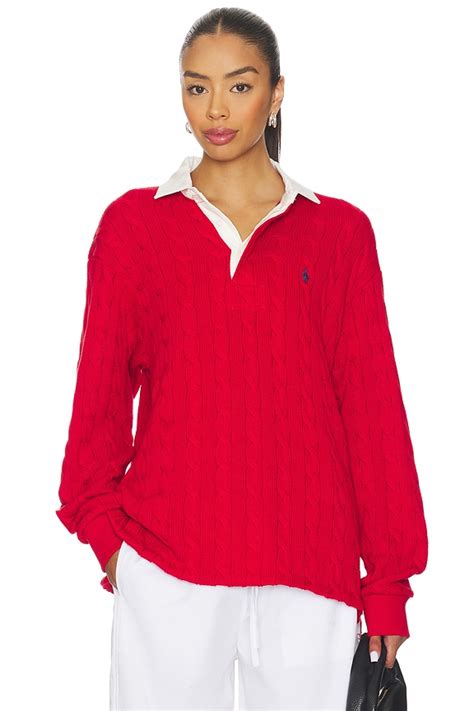 Polo Ralph Lauren Cable Knit Cotton Rugby Shirt in Red | REVOLVE