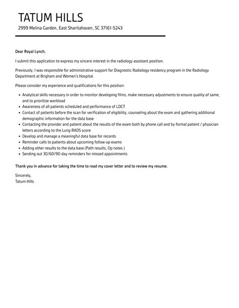 Radiology Assistant Cover Letter | Velvet Jobs