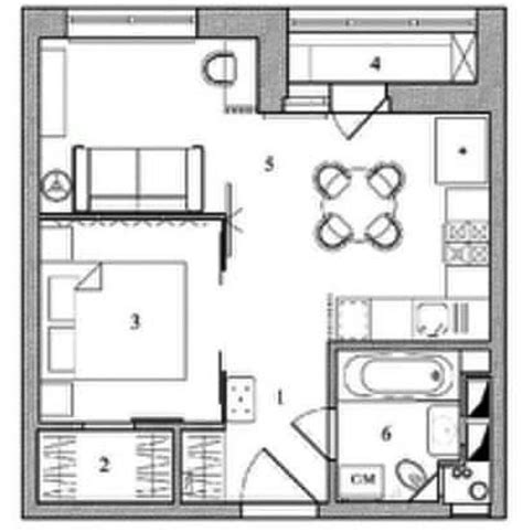 Small Studio Apartment Floor Plan with Bedroom and Living Room