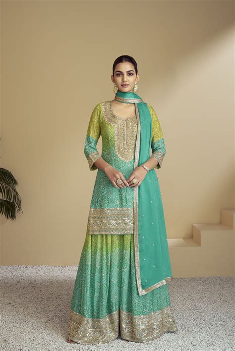 Home Rajasthani Shaded Silk Ethnic Sangeet Wear Ready Bandhani Sharara Suit