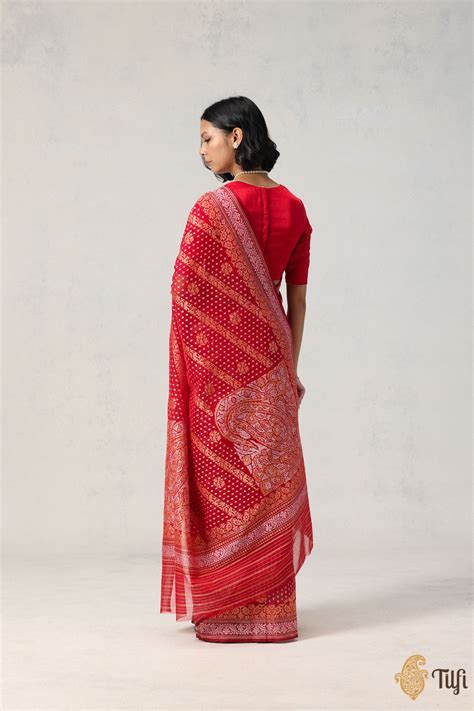 Red Pure Cotton Jamdani Real Zari Banarasi Handloom Saree - Tilfi