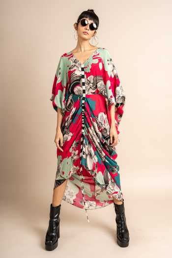 Buy Magenta Crepe V-neck Flower Print Kite Dress For Women by Nupur ...