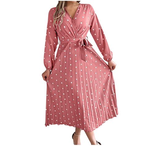 Hxshgdsn Womens Fall Long Sleeve Casual Dresses Wrap V Neck Polka Dots ...