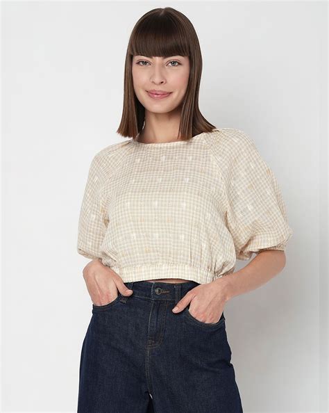 Beige Check Cropped Co-ord Set Top