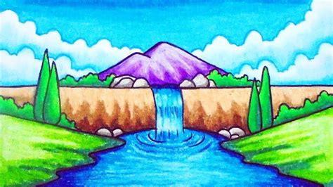 How to Draw Easy Scenery for Kids | Drawing Waterfall scenery step by step | Scenery drawing for ...