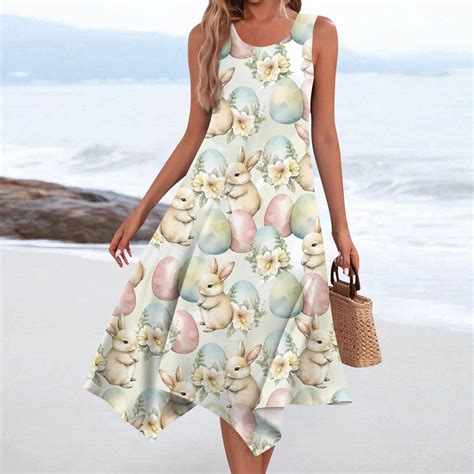 HAJWOH Womens Easter Dresses 2025 Bunny Egg Graphic Sleeveless Spring ...
