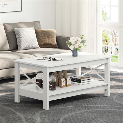 YITAHOME Coffee Table, Small 2-Tier Wooden Table with Storage Shelf ...